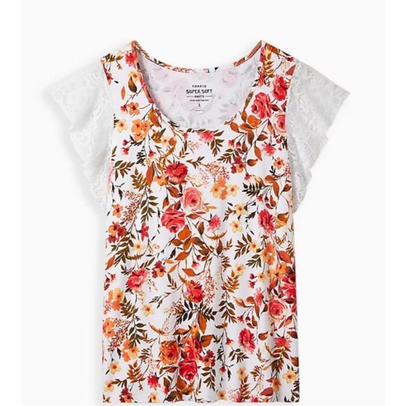 Torrid NWT FLUTTER TOP - SUPER SOFT FLORAL WHITE with lace - Picture 1 of 5